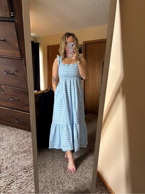 Blue Gingham Smocked Maxi Dress with Ruffle Straps